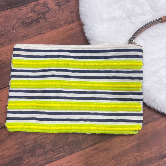 LIVE LOVE LOFT ANN TAYLOR LOFT BEADED STRIPED CLUTCH WRISTLET ZIPPER BAG NEON - Picture 2 of 7